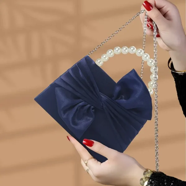 Elegant Detachable Chain Strap Evening Clutch Purse with Handles & Satin Bow - Image 3