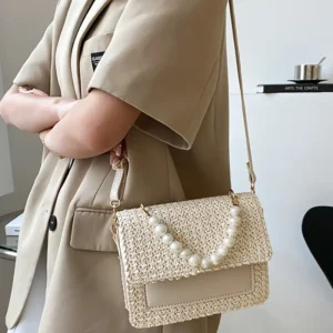 Elegant White Woven Straw Evening Clutch with Accents