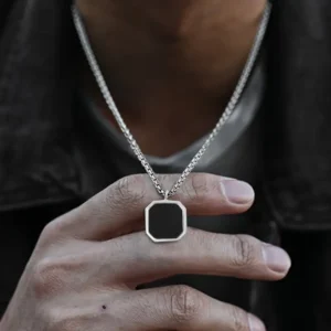 Stainless Steel Black Rectangular Pendant Necklace