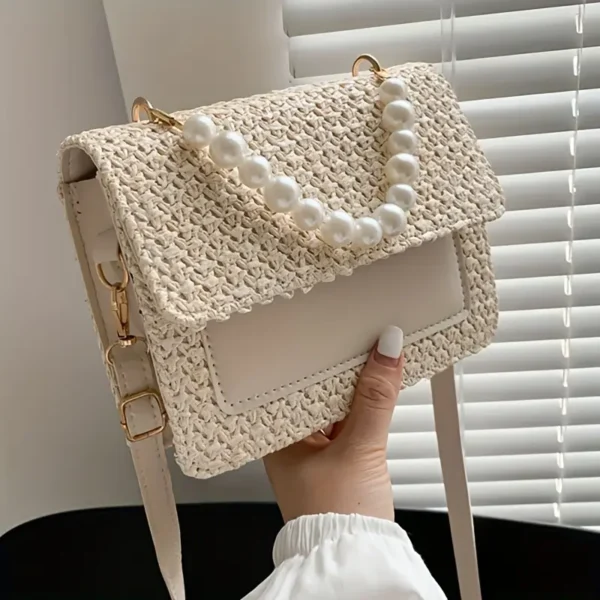 Elegant White Woven Straw Evening Clutch with Accents - Image 3