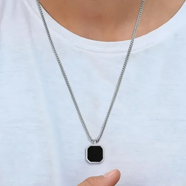 Stainless Steel Black Rectangular Pendant Necklace - Image 2